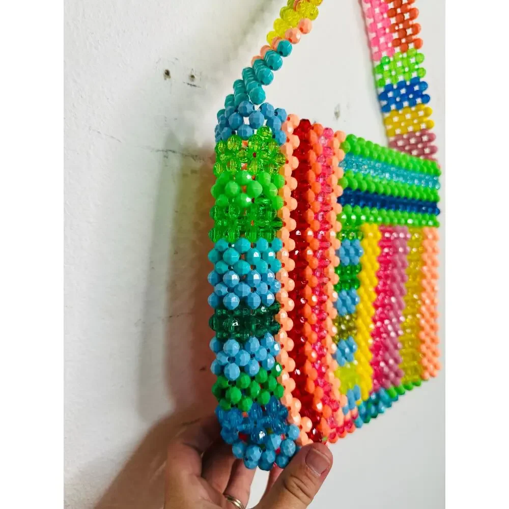 SUSAN ALEXANDRA Rainbow Colorful Beaded Beautiful Geometric Top Handle Bag